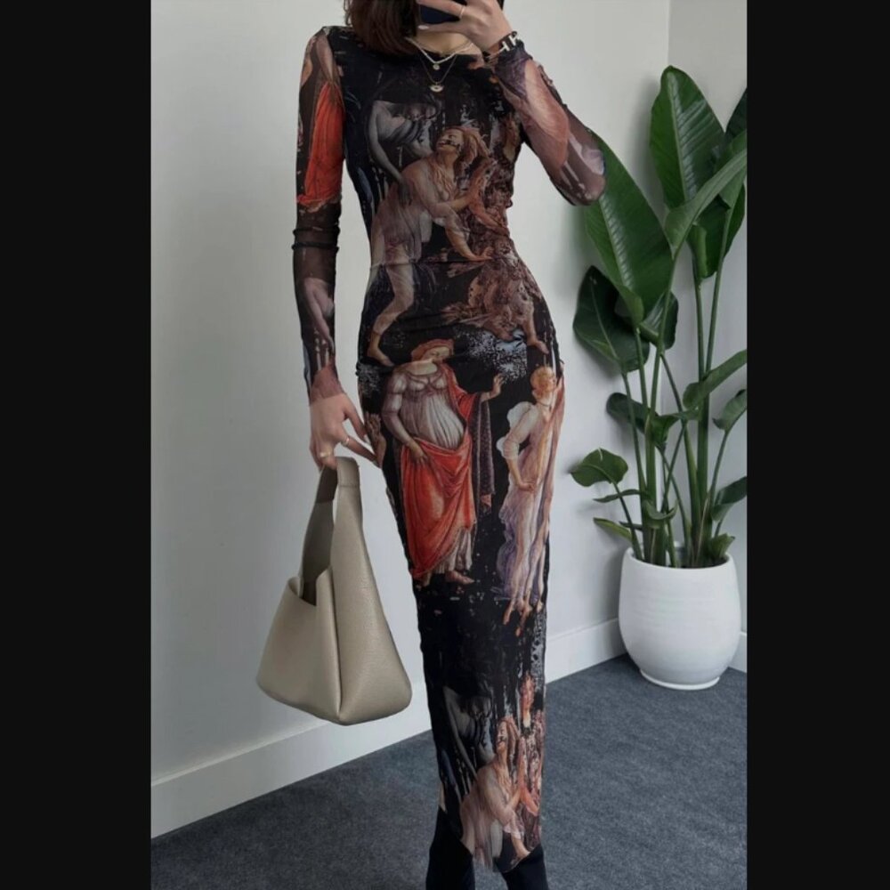 NJJ Botticelli Primavera Print Long Sleeve Mesh Maxi Dress L NWT - Picture 1 of 7